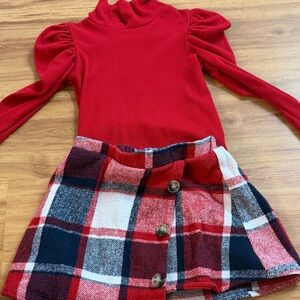 Red Puff-Sleeve Knit Top with Red Plaid Button-Front Skirt - Kids